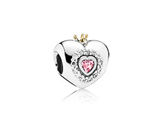 Heart silver charm with 14k crown, pink and clear cubic zirconia