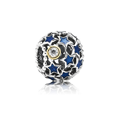 Openwork star silver charm with 14k, blue enamel and cubic 
